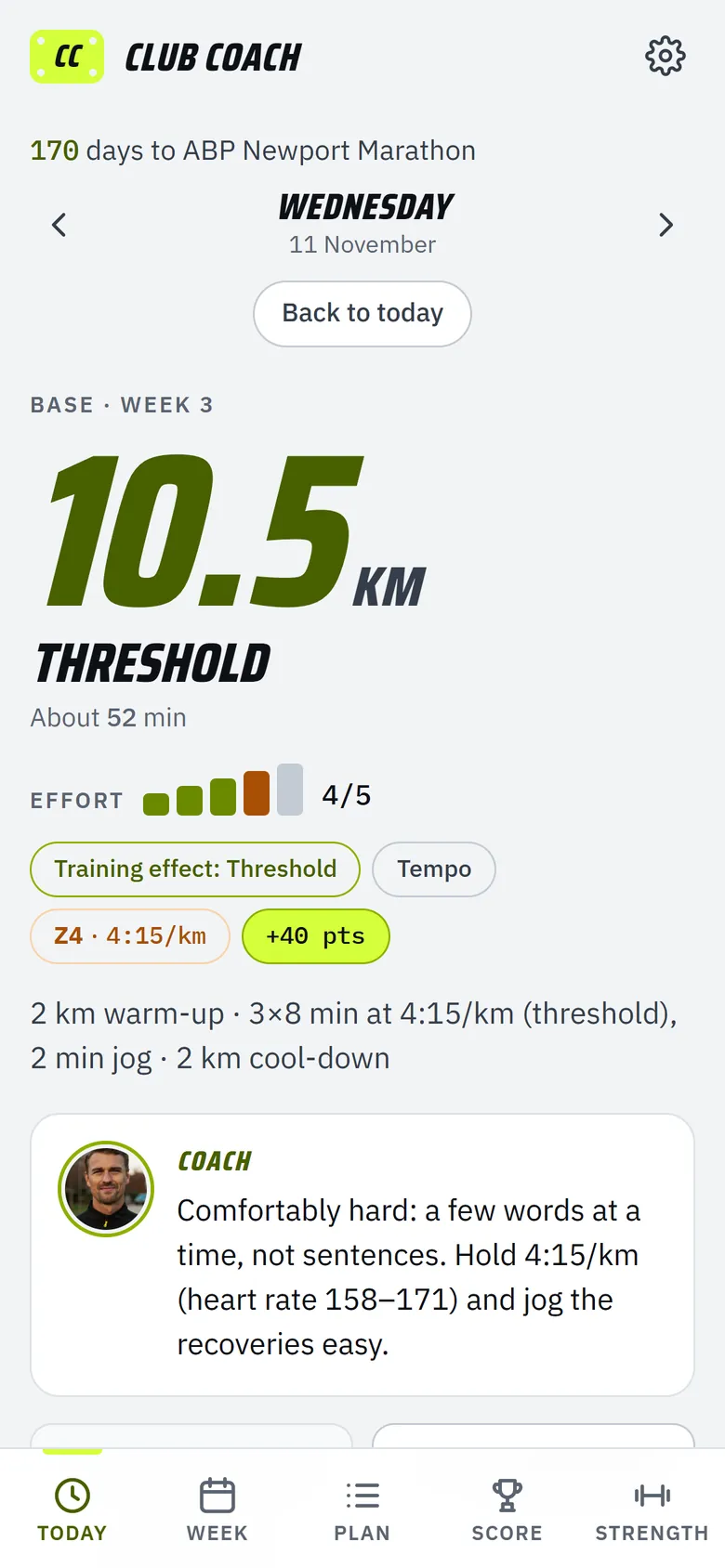 The Today screen in light mode, showing the same threshold session.