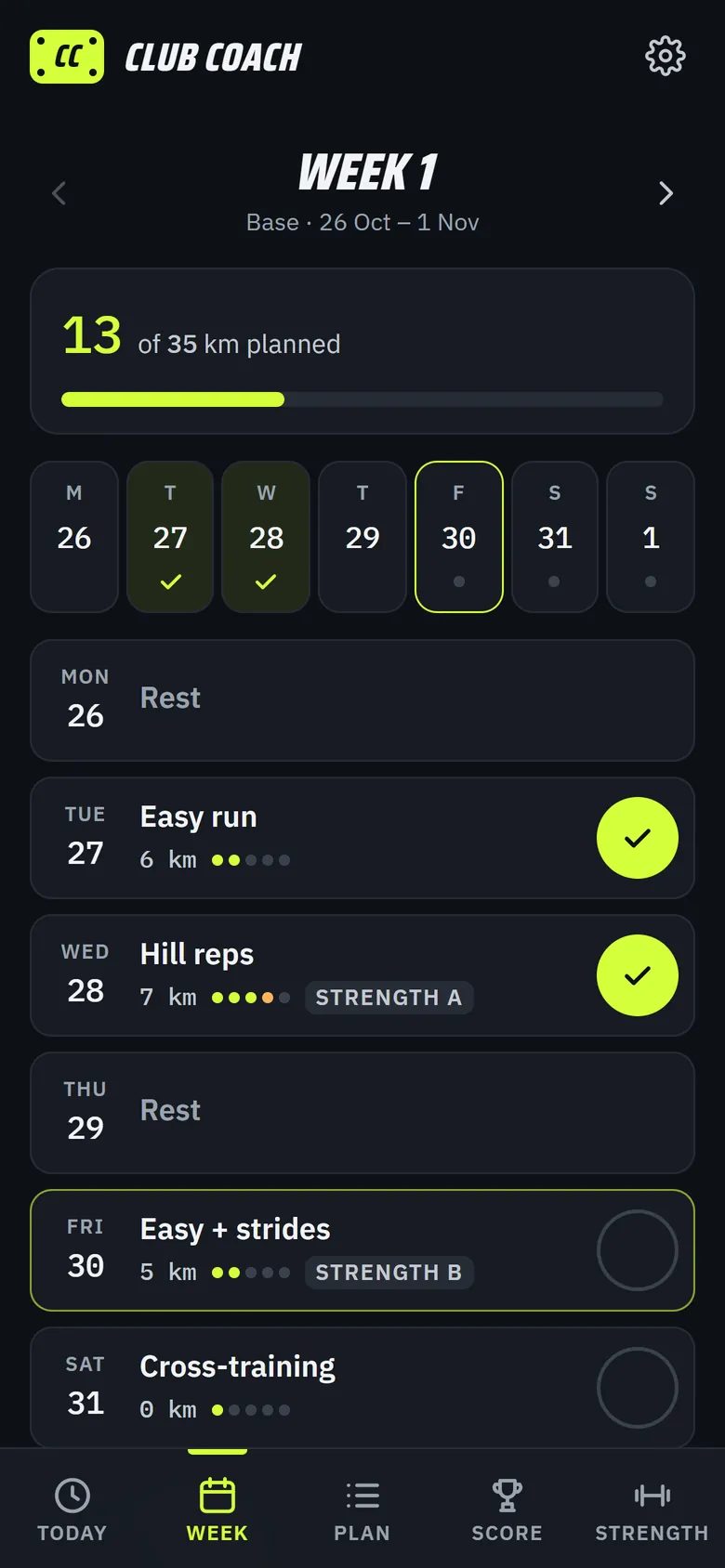 Week screen: 13 of 35 km done, with each day's session, effort dots and strength sessions, and ticks on the runs already done.